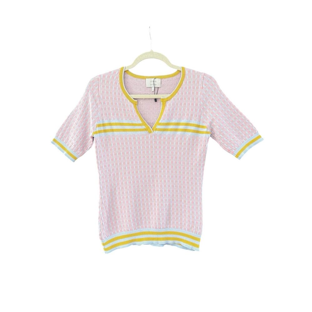 Numph Kirstie Pink Short Sleeve Knit Top Size Small Open Stitch Retro Pastels